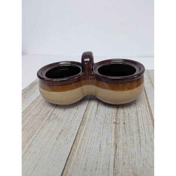 Vintage Dark Brown Glazed Stoneware Double Condiment Pot With Lids Spoons Taiwan - Picture 9 of 12